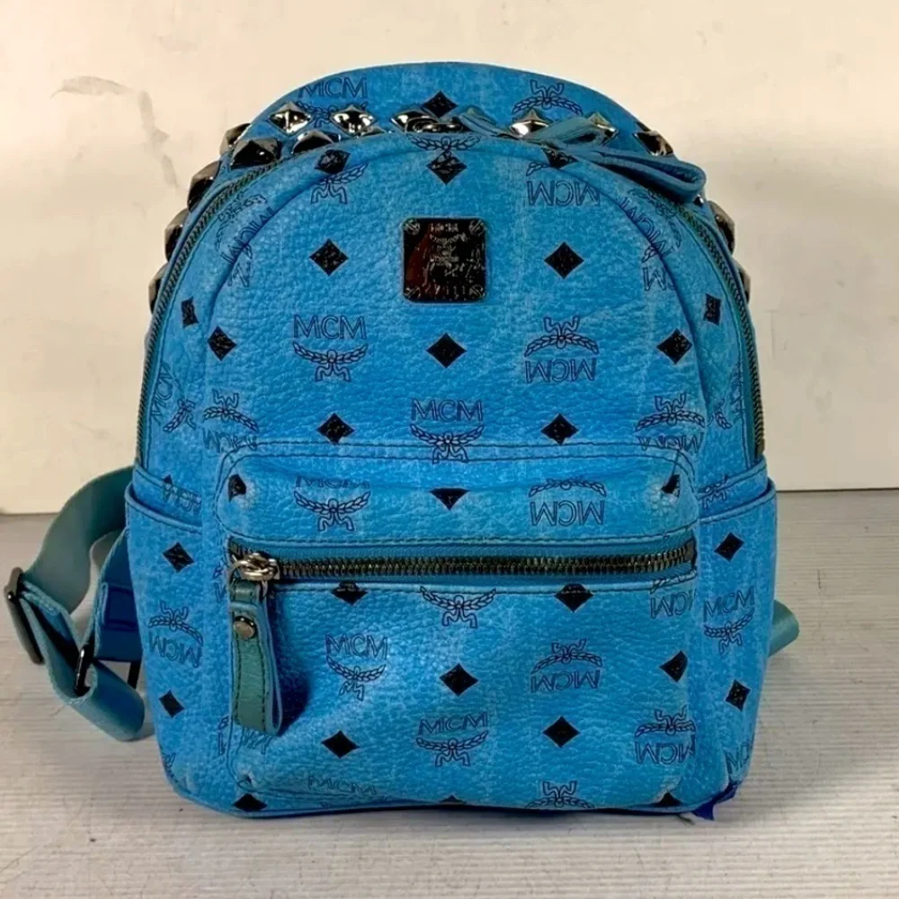 MCM Womens Backpack Blue leather  Visetos Logo Studded  w/COA